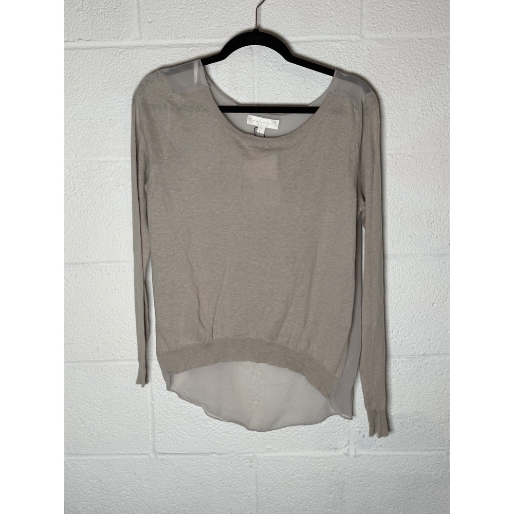 MM Couture Sweater Woven Chiffon Back Top Womens Small Oatmeal Gray Ramie NWT